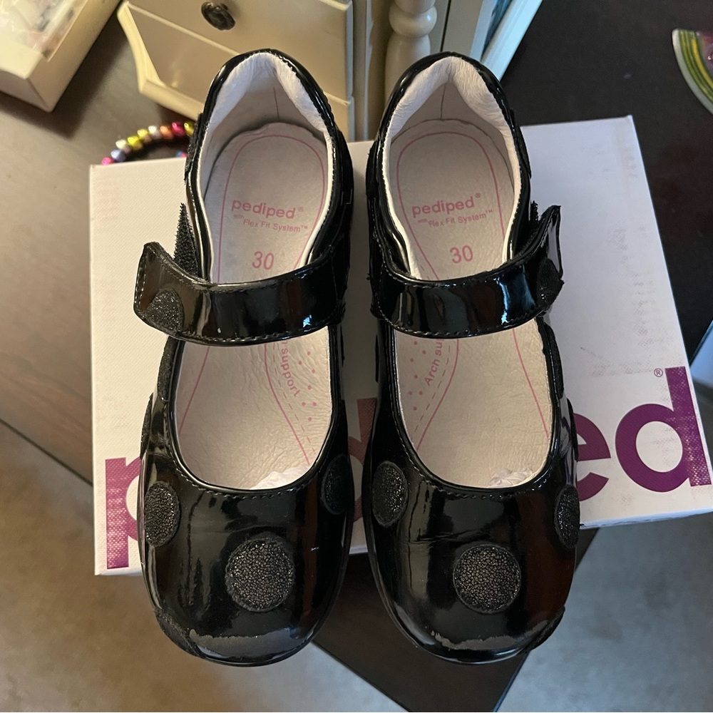 Pediped brand new never worn in box patten leather polka dot Mary Jane’s